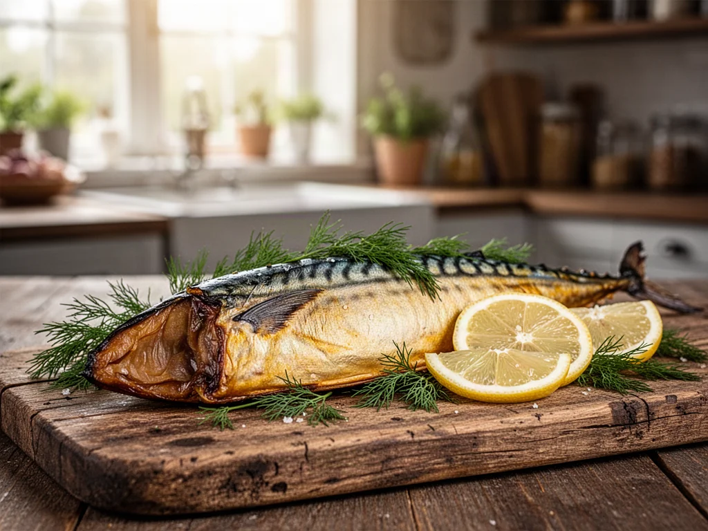 Kawałek wędzonej makreli na drewnianej desce, udekorowany koperkiem i cytryną, w przytulnej kuchennej scenerii.